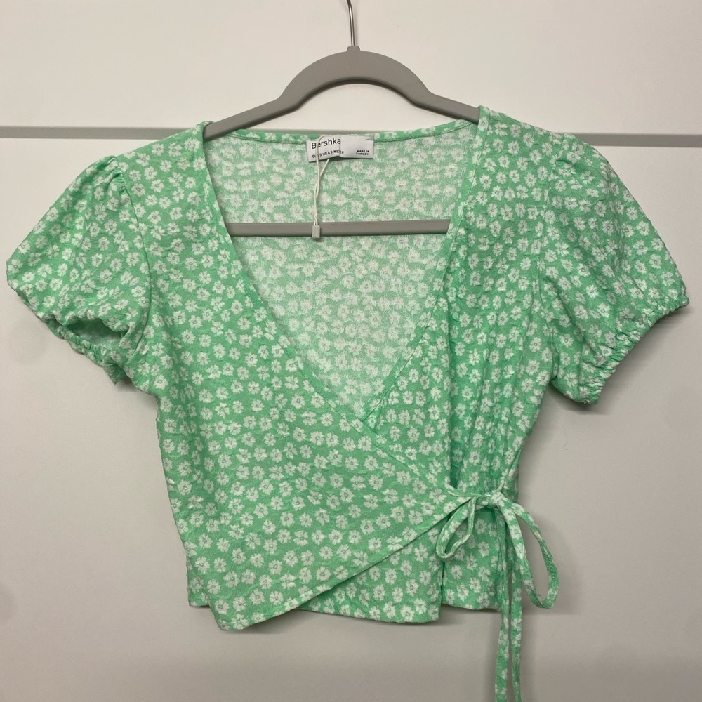 Bershka Bright Green Floral Wrap Top